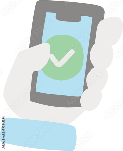 チェックマークが表示されたスマホを手に持っているイラスト