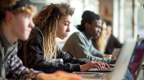 Students engaged in designing user interfaces, testing user experience flows on digital devices in a creative workspace. , natural light, soft shadows, with copy space, blurred bac photo