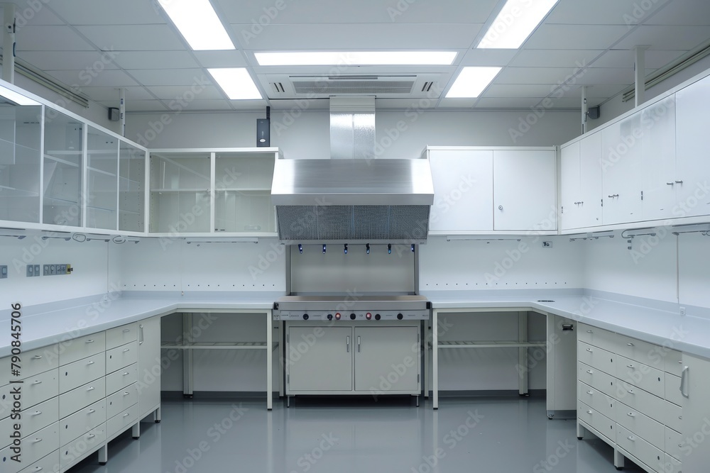 Modern Laboratory Interior with Fume Hoods for Safe Chemical Handling