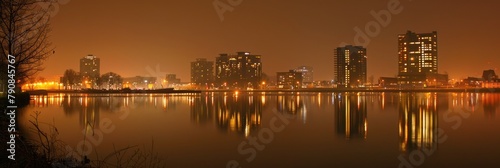 Night Skyline of City. Mesmerizing View of the City Landscape over Lake with Reflection of Light and Water