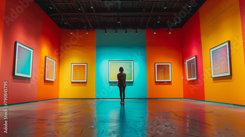 A lone visitor gazing thoughtfully at a wall of empty frames in a brightly colored, whimsical art gallery.