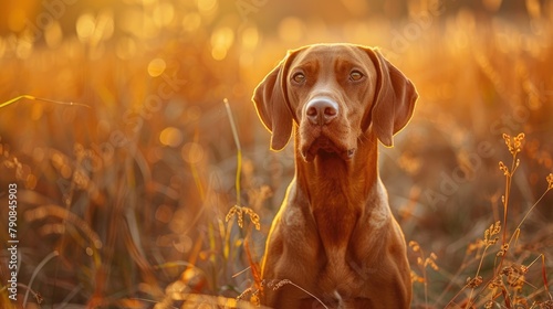 Portrait of Vizsla, a Hungarian Pointer Breed in Autumn Field. Domestic Hunter Dog with Strong Hunting Instinct and Loyal Pet Qualities photo