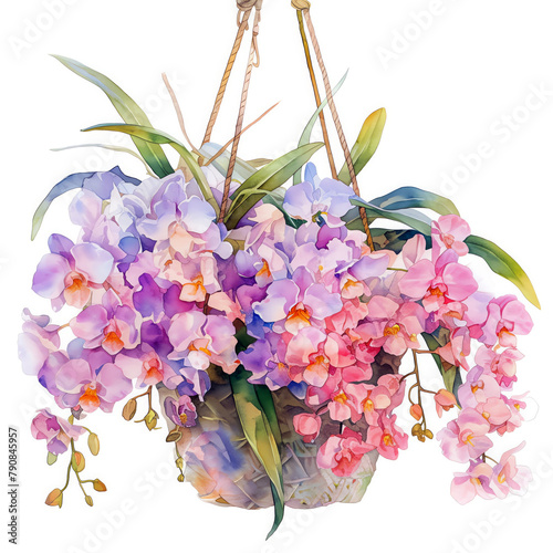 Vanda Miss Joaquim, pink and violet hues, vibrant watercolor, hanging basket, watercolor, isolate. photo