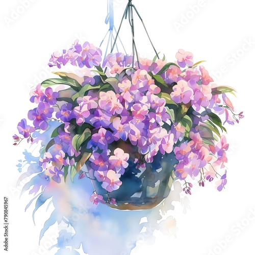 Vanda Miss Joaquim, pink and violet hues, vibrant watercolor, hanging basket, watercolor, isolate. photo