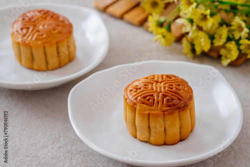 Mooncake on white plate, Chinese mid autumn festival food