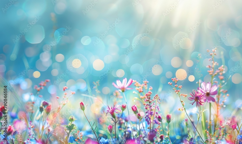 Bright and colorful wildflowers in full bloom with sunlight flares in a serene field, depicting freshness and nature's beauty