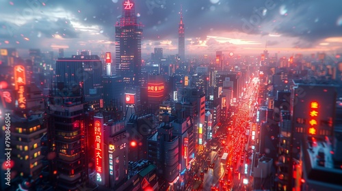 Dusk Descends: Vibrant Cityscape with Neon Signs and Streetlights, generative ai