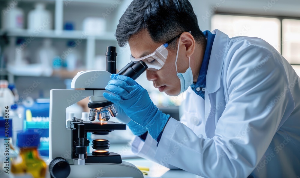 Researcher in a lab coat conducts careful analysis of a sample under a microscope in a clinical laboratory . Researcher in a lab coat conducts careful analysis of a sample under a microscope in a clinical laboratory .