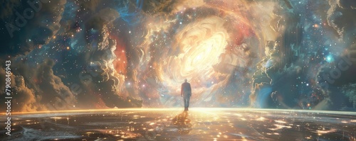 solitary figure meditating amidst a surreal cloudscape, backlit by a cosmic star field