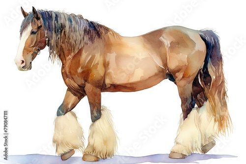 A rustic portrayal of a Belgian draft horse, powerful stance and strong browns, white background, vivid watercolor, 100 isolate