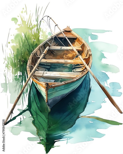 A rustic portrayal of a lakeside fishing trip, with a classic wooden boat and cane fishing poles, serene greens and reflective waters, white background, vivid watercolor, 100% isolate