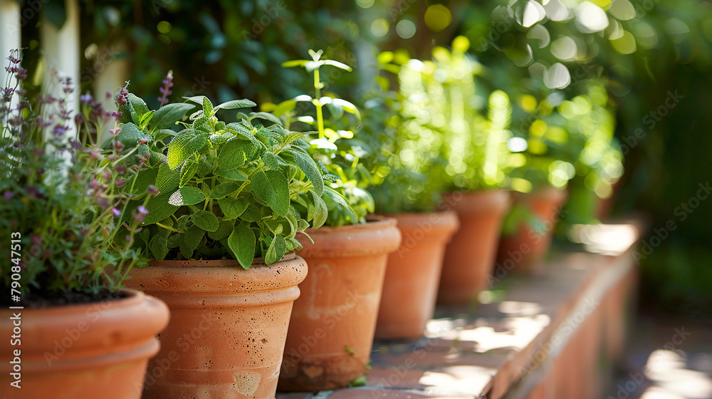 A row of terracotta pots filled with aromatic herbs, their lush foliage spilling over the edges in a riot of greenery.