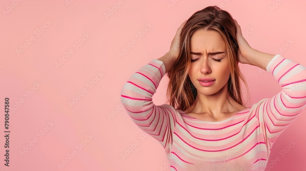 Young Woman Holding Head in Distress on Pink Background, Conceptual Lifestyle Image Depicting Stress. AI Young Woman Holding Head in Distress on Pink Background, Conceptual Lifestyle Image Depicting Stress. AI