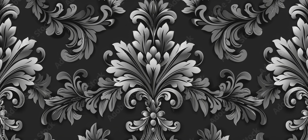 Dark grey damask pattern background with grunge texture, vintage gothic design for wallpaper or cover background. Elegant floral ornament in gothic style for design, packaging paper or fabric print.