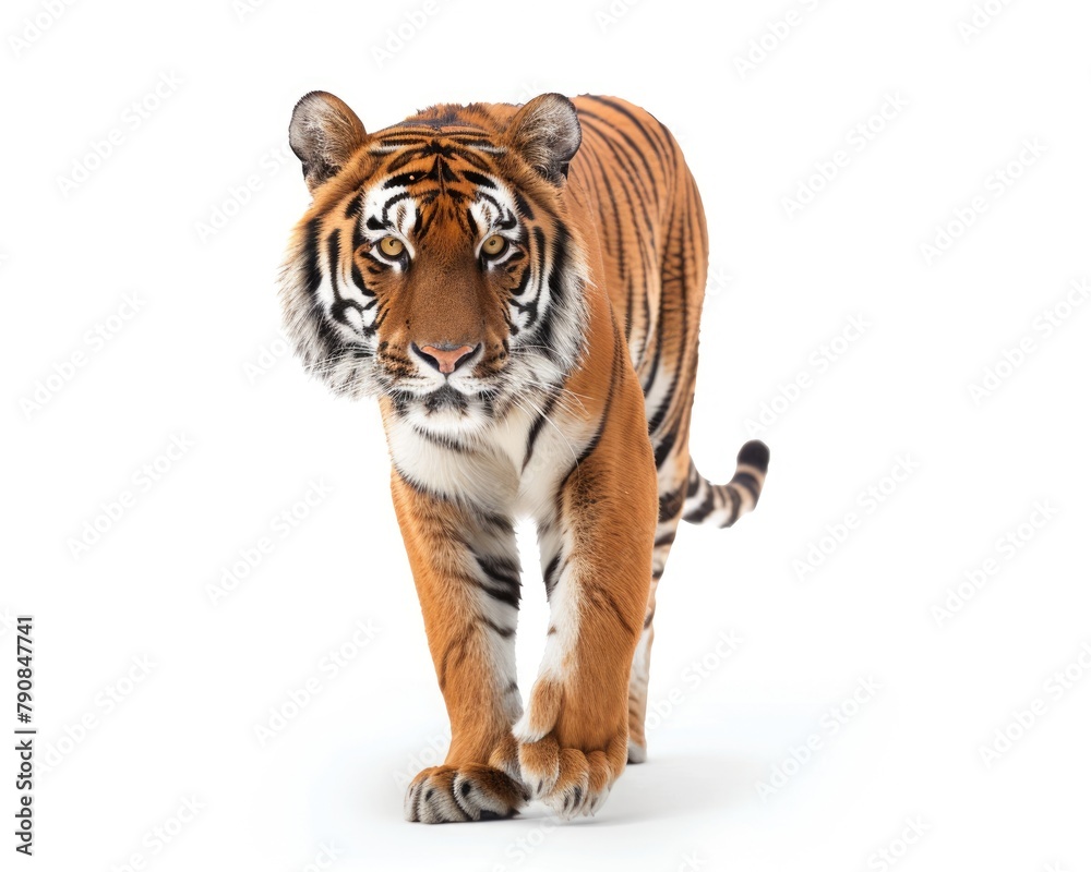 Obraz premium Tiger Walking. Front View of a Majestic Big Cat Isolated on White Background