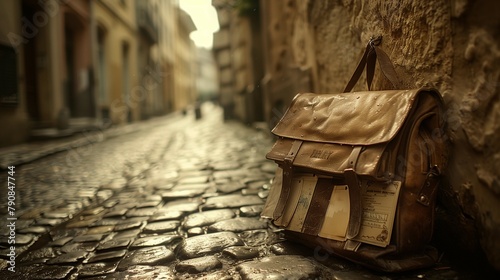 Old-world Charm: Vintage Postman's Bag on Cobblestone Street, generative ai