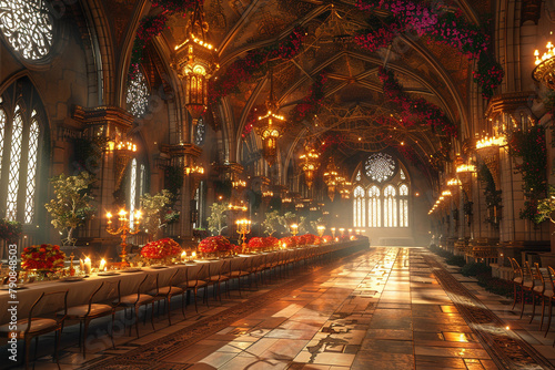 A castle's grand banquet hall prepared for a royal feast photo