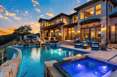 A beautiful home with an outdoor pool and lounge area, showcasing the luxurious style of modern Texas homes © Kien