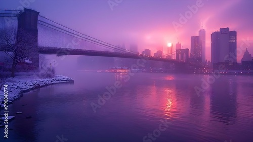Dawn's Serenity at Brooklyn Bridge with Misty Skyline. Concept Travel Photography, Urban Landscapes, City Skylines, Early Morning, Atmospheric Conditions