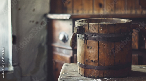A vintage wooden churn sitting on a worn farmhouse table, ready to transform cream into butter with a rhythmic motion. photo