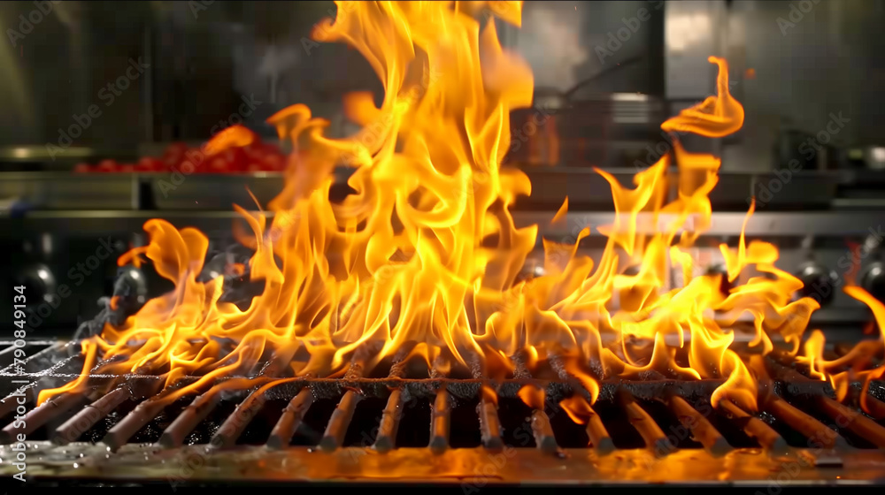 Naklejka premium Close up of flames on the grill, kitchen background, commercial video screen grab