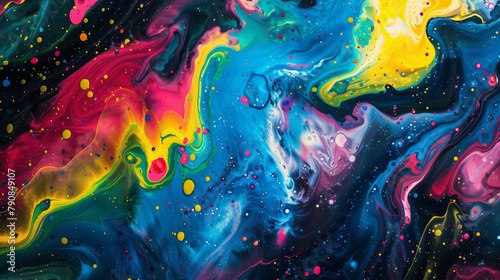 Vibrant swirls of acrylic paint create a cosmic abstract backdrop with a mesmerizing mix of colors dotted with speckles, resembling a distant galaxy.