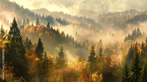 Misty Autumn Mountain Forest. A serene autumn forest shrouded in mist, with sunlight filtering through the trees.