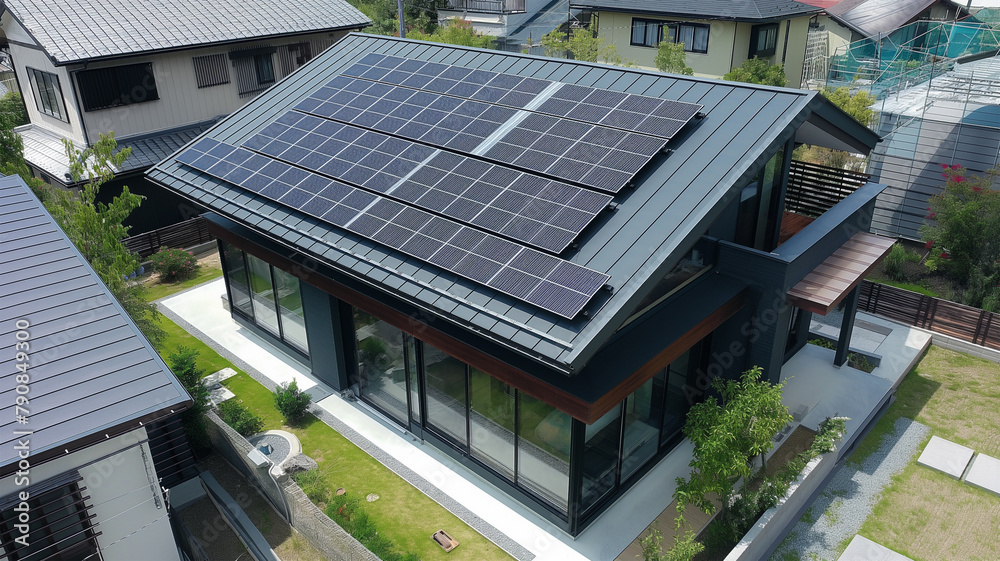 エコ住宅と太陽光パネルと青空 エコ住宅と太陽光パネルと青空
