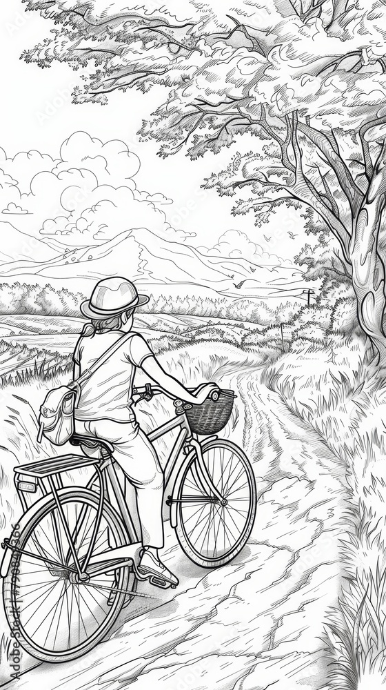 Hobbies & Relaxation Coloring Book: A coloring page featuring a person enjoying a leisurely bike ride