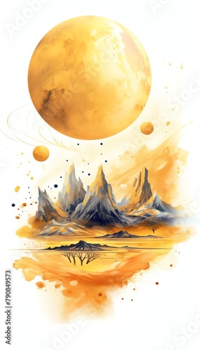 Quaint desert planet with golden dunestranquil vastnessvivid colors captured in high detailisolated on white backgroundwatercolor. photo