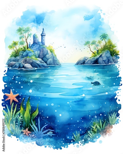 Whimsical aquatic planetlush blue oceans and green islandspeaceful seclusionvivid colors captured in high detailisolated on white backgroundwatercolor. photo