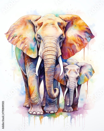 Two elephants with intertwined trunkssymbol of friendshipserene and touchingvivid colors captured in high detailisolated on white backgroundwatercolor. photo