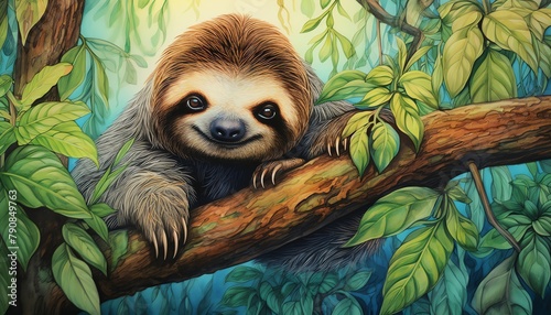 A serene portrayal of a sloth slowly climbing a tall rainforest treewater colorcartoonanimation 3Dvibrantwatercolorvibrant colorshanddrawndetailed close view.