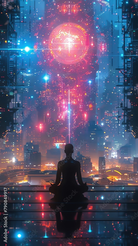 A meditative healing center using sound therapy and visual stimulation to treat mental illness in a cyberpunk world A meditative healing center using sound therapy and visual stimulation to treat mental illness in a cyberpunk world