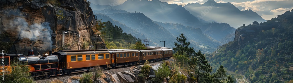 A mountain railway system that uses regenerative braking technology to power remote villages, nestled in the cliffs