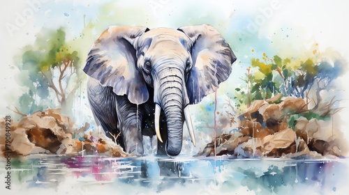 Elephant splashing at a waterfallrefreshing and joyfulvivid colors captured in high detailisolated on white backgroundwatercolor. photo