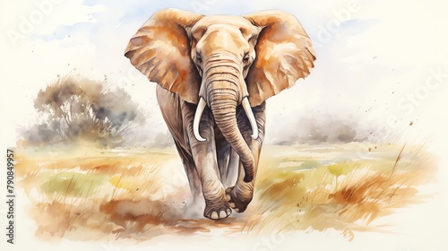Majestic elephant striding silentlyimmense tusks gleamingserene and majesticvivid colors captured in high detailisolated on white backgroundwatercolor. photo