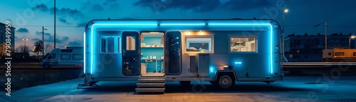 A mobile health clinic with a cyberpunk aesthetic, roving through neglected urban areas to offer emergency medical care