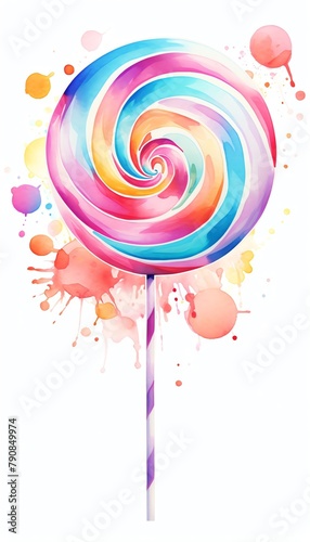 Playful planet with swirling candy stripescheerful ambiancevivid colors captured in high detailisolated on white backgroundwatercolor. photo