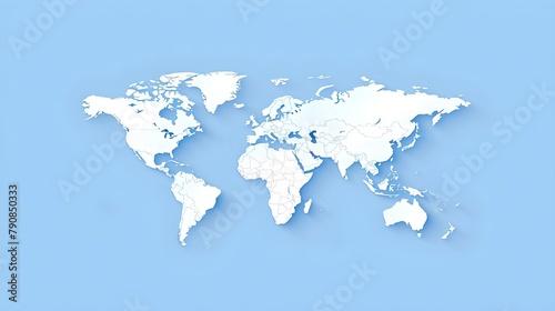 Simplified Stylized World Map on a Pastel Blue Background. Modern Minimalistic Design for Global Concepts. Visual Representation of Earth. AI