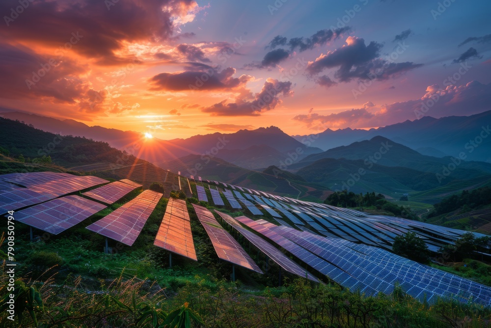 Expansive Solar Farm at Sunset

