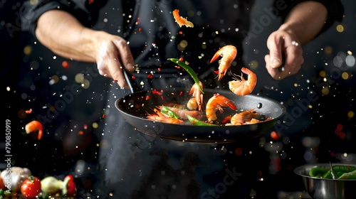Dynamic Food Preparation in Action: Chef Cooking Seafood. Flaming Stir Fry Technique Captured in Still. Culinary Art and Passion. AI