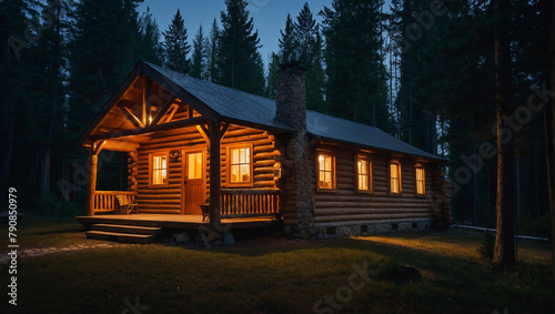 Beautiful log cabin in a forest clearing, night time, warm glow emanating from the windows, warm, cozy peaceful feeling