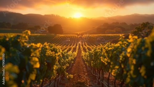Sunrise at Organic Vineyard with Dew-Kissed Grapes  
