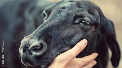 A person petting a black cow with their hand, AI