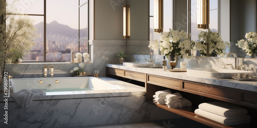 Close-up of a luxury condo's master bath, rendered in 3D with stunning detail, marble and fine fixtures against a pure backdrop, the spa-like retreat, photo