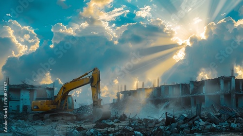 Dramatic Sky Over Construction Site at Sunset. Excavator Amidst Debris. Industrial Landscape Capturing Change and Development. AI
