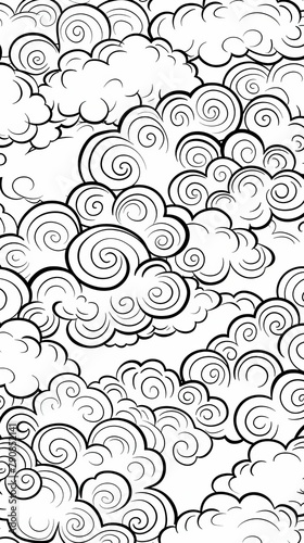 Patterns (seamless): A coloring book page featuring a seamless pattern of clouds