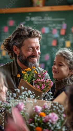 Schoolchildren give flowers to the happy teacher on the background of the school green board in classroom. ai generated
