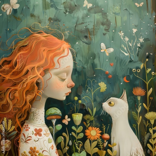 A girl from a fairy tale who imagines a cat really looking at her